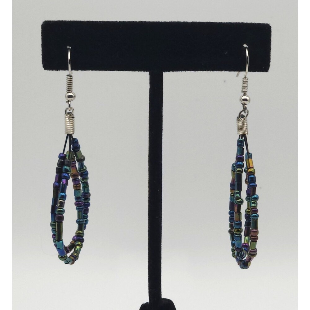 Bohemian Iridescent Seed Bead Loop Earrings Oil Slick Metallic Multicolor VTG